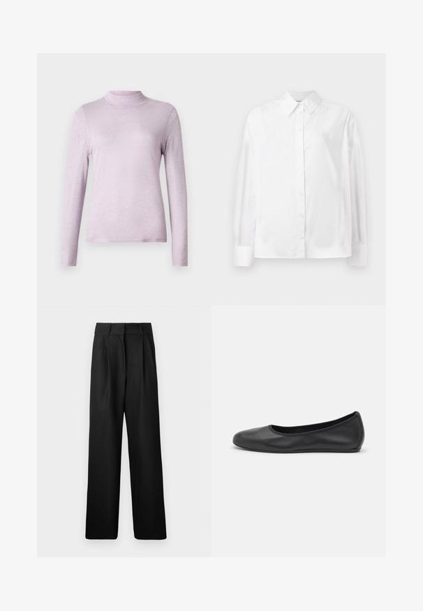 Svetlý levandulový top s dlhým rukávom a rolákom, vyrobený z mäkkej, struktúrovanej tkaniny; priliehavý strih s vysokým a tesne padnúcim golierom.; Biela košeľa s dlhým rukávom vyrobená z hladkej bavlnenej zmesi. Má klasický golier, predné zapínanie na gombíky a zaoblené manžety.; Čierne široké nohavice s hladkou textúrou, s prednými skladmi a vysokým pásom. Vyrobené z ľahkého materiálu.; Čierne kožené baleríny s okrúhlou špičkou, hladkým povrchom, minimálnym prešívaním a flexibilným dizajnom podrážky.