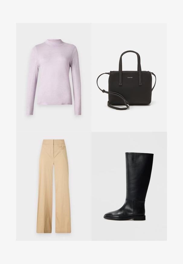 Maglietta a maniche lunghe color lavanda chiaro con collo alto, realizzata in tessuto morbido e texturizzato; design aderente con un collo alto e avvolgente.; Pantaloni beige a gamba larga realizzati in tessuto misto cotone. Caratterizzati da una texture liscia, una vita elastica e un dettaglio con bottone laterale.; Stivale in pelle nera al ginocchio con punta arrotondata, texture liscia, design minimalista e suola piatta. Dettagli di cucitura semplici sulla gamba.; Borsa nera con doppi manici corti e tracolla removibile. Materiale simile alla pelle liscia con chiusura a zip e dettaglio del logo.