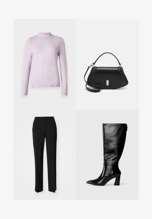 Hellblau-lila Langarm-Turtleneck-Oberteil aus weichem, strukturiertem Stoff; figurbetontes Design mit hohem, eng anliegendem Kragen.; Schwarze, taillierte Hose mit geradem Bein, aus einem glatten Stoff und mit klaren Falten an der Vorderseite. Keine sichtbare Hardware.; Knöchelhohe schwarze Lederstiefel mit einer spitzen Zehe, glatter Oberfläche und einem klobigen Absatz. Verfügt über einen Reißverschluss hinten.; Schwarze Lederhandtasche mit einem strukturierten Design, das eine verkürzte Form, einen oberen Griff und goldfarbene Hardware-Details aufweist. Verstellbarer Schulterriemen ist enthalten.