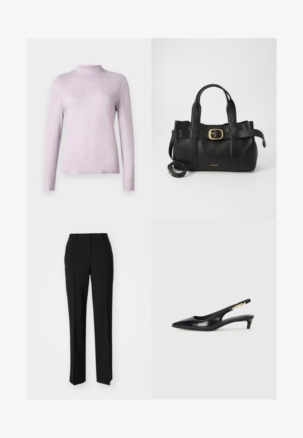 Licht lavendelkleurig langemouw turtleneckshirt gemaakt van zachte, gestructureerde stof; aansluitend ontwerp met een hoge, strakke kraag.; Zwarte op maat gemaakte broek met een recht model, voorzien van een soepele textuur en scherpe plooien aan de voorkant. Geen zichtbare hardware.; Zwarte leren slingback hakken met een spitse neus, voorzien van een slanke hak en een goudkleurige accent op de verstelbare band. Gladde textuur.; Zwarte leren handtas met een gestructureerd ontwerp, dubbele handgrepen aan de bovenkant, een gouden gespaccent en een geperst merklogo aan de voorkant.