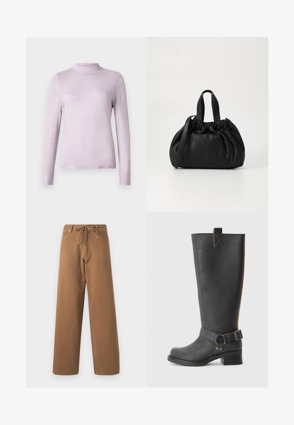 Ljust lavendelfärgad långärmad turtleneck-top i mjukt, texturerat tyg; figursydd design med en hög, tätt sittande krage.; Bruna vida byxor i bomull med dragsko i midjan och två framfickor. Strukturerad tyg med en slät finish.; Svart läderknähöga stövlar med en texturerad finish, som har en sidobuckla och en låg klack. Detaljerad sömnad längs sömmarna.; Svart läderhandväska med en samlad toppdesign, som har två korta handtag och ett långt justerbart axelband. Slät textur, rund form.
