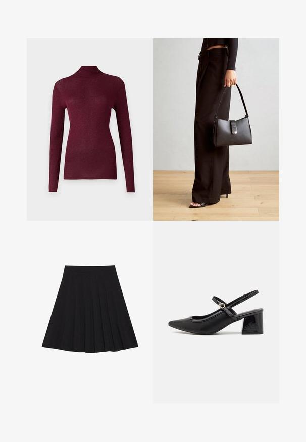 Burgundi hosszú ujjú garbós pulóver bordázott, enyhén csillogó anyagból, testhezálló fazonnal és magas nyakkal.; Fekete, pliszírozott szoknya texturált anyagból, szűk derékpánttal. Térd alá ér, sima, letisztult vonalvezetéssel.; Fekete lakk bőr, pántos magassarkú cipő, hegyes orral, lekerekített kivágással és tömbsarkal. Arany színű csat díszíti.; Fekete kézi táska strukturált formával, sima textúrával és fémből készült záródással. Széles fekete nadrággal és nyitott orrú szandállal párosítva, fából készült padlón.