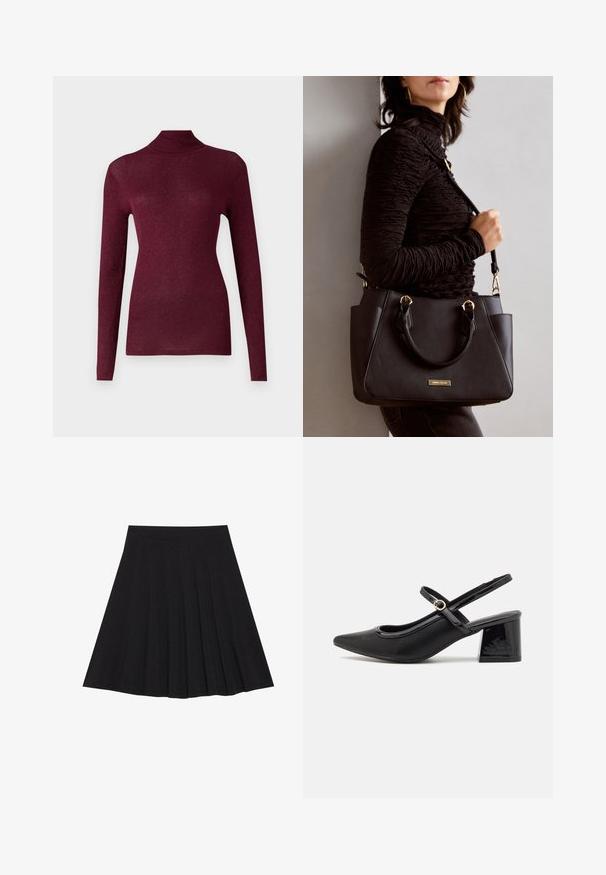Burgundská roláková svetr s dlouhými rukávy z ribbového pleteného materiálu s jemným leskem, který má přiléhavý střih a vysoký límec.; Černá plisovaná sukně vyrobená z texturované látky s dobře padnoucím pasem. Délka sukně je ke kolenům a má hladký, jednoduchý siluetu.; Černé lakované lodičky s otevřenou patou, špičatou špičkou, zaobleným střihem a blokovým podpatkem. Zdobené akcentem v zlatém tónu.; Černá kabelka s texturovaným povrchem, dvojitými horními uchy a nastavitelným ramenním popruhem. Obsahuje zlaté kovové prvky a boční kapsy.