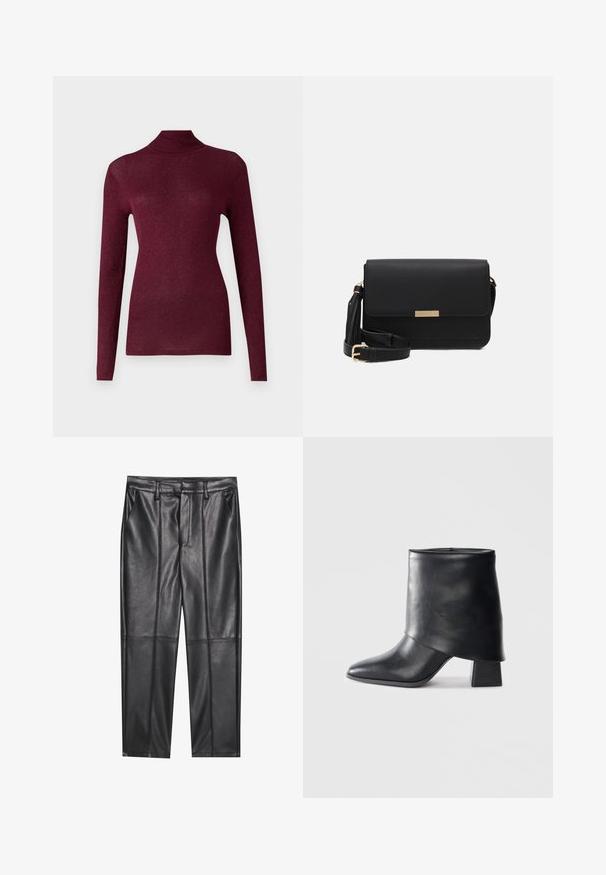 Burgundy pitkähihaine turtleneck-paita ribbikudonnasta, jossa on hienovarainen kiilto, ja se on muotoiltu tiukaksi siluetiksi ja korkeaksi kaulukseksi.; Musta nahkahousut, joissa on sileä pinta, suora leikkaus, kaksi etutaskua ja näkyvät saumat.; Mustat nahka nilkkurit, joissa on terävä kärki, sileä pinta ja jämäkkä lohkosaapas. Ominaisuuksia korkea, taitettu varren muotoilu.; Musta nahkainen ristikortti laukku, jossa on läppä suljenta, kultaiset metalliosat, säädettävä hihna ja teksturoitu pinta. Kompakti suorakaiteen muotoinen.