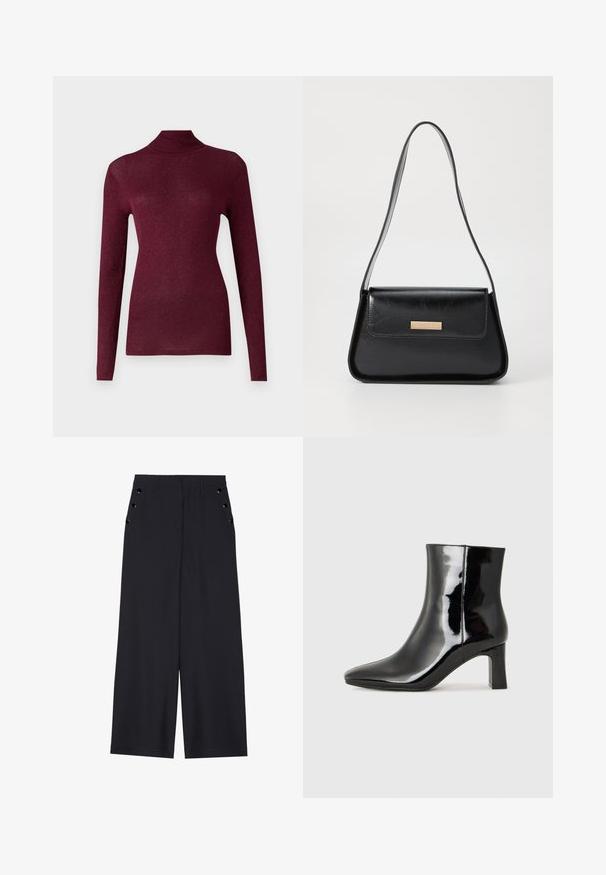 Suéter bordeaux de manga longa com gola alta em tecido canelado com um brilho subtil, apresentando uma silhueta justa e gola alta.; Calças largas de tecido azul marinho escuro, com uma textura suave, pregas frontais e ilhoses decorativos em tom dourado nos bolsos laterais.; Botim de tornozelo em pele sintética preta com bico apontado e salto bloco de altura média. Textura suave e design minimalista.; Bolsa de couro preta com uma forma triangular estruturada, alça fina e metalização dourada, apresentando uma placa de logotipo no flap frontal.
