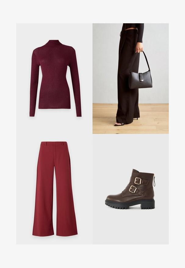 Burgundy pitkähihaine turtleneck-paita ribbikudonnasta, jossa on hienovarainen kiilto, ja se on muotoiltu tiukaksi siluetiksi ja korkeaksi kaulukseksi.; Suorat lahkeet housut syvästä burgundin väristä. Valmistettu sileästä, venyvästä kankaasta, jossa on räätälöidyt saumat ja etuvetoketju.; Ruskeat nahkaiset nilkkasaappaat, joissa on kultaiset soljet, vetoketjukiinnitys ja kestävä musta kuminpohja. Saappaissa on teksturoitu pinta ja virtaviivainen siluetti.; Musta käsilaukku, jossa on rakenteellinen muoto, sileä pinta ja metallinen solki. Yhdistetty leveisiin mustiin housuihin ja avonaiheisiin sandaaleihin puulattialla.