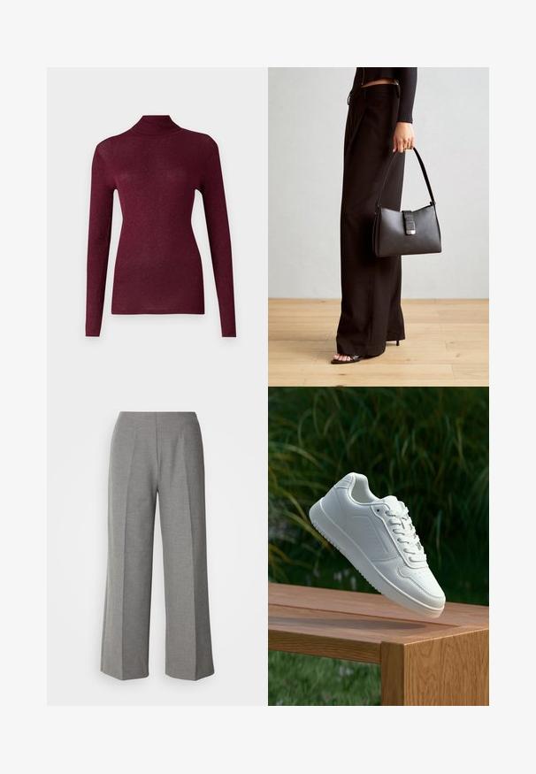 Burgundia pikkade varrukatega kõrge kaelusega pluus, mis on tehtud ribakudumist materjalist ja millel on peen sära, esitleb liibuvat siluetti.; Hallid hallid laiad püksid siledast materjalist, millel on sirge eesmine osa ja teravad voldid igal jalal.; Valged sneakerd, millel on sile sünteetiline ülemine osa, väikeste aukudega varvaskast, lamedad paelad ja tekstuuriga tald, eksponeeritud puidust pinnal.; Must musta kott, millel on struktureeritud kuju, sile tekstuur ja metallist klamber. Kombineeritud laiate mustade pükstega ja avatud varvaste sandaalidega puidust põrandal.
