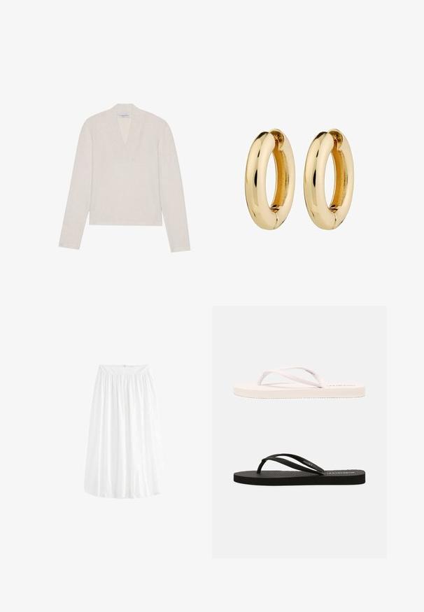 Hämy beige pitkähiha pullover, jossa on V-kaula-aukko, valmistettu pehmeästä neulotusta materiaalista. Yksinkertainen muotoilu, jossa on hieman lyhennetty leikkaus ja ei näkyviä kuvioita.; Valkoinen, polvipituinen hame, joka on valmistettu kevyestä kankaasta. Erottuu joustavasta vyötäröstä, joka mahdollistaa säädettävän istuvuuden ja pehmeän laskeutumisen.; Valkoiset ja mustat kumiset flip-flopsit, joissa on teksturoitu pohja, ohuet hihnat ja kontrastoivat värit. Jokaisessa parissa on yksinkertainen muotoilu ja minimaalinen brändäys.; Kultaiset rengaskorvakorut, joissa on sileä, kiillotettu pinta ja pyöreä muoto. Sisäreunassa on hienovarainen halkio kiinnitystä varten.