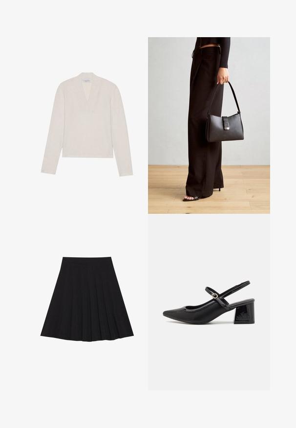 Pull léger beige clair à manches longues avec un col en V, fabriqué en maille douce. Design simple avec une coupe légèrement raccourcie et sans motifs visibles.; Jupe plissée noire en tissu texturé avec une taille ajustée. Arrive au genou, présentant une silhouette lisse et épurée.; Escarpins slingback en cuir verni noir avec un embout pointu, un design à découpes arrondies et un talon carré. Présente un accent de boucle en ton doré.; Sac à main noir à la forme structurée, texture lisse et fermoir métallique. Associé à un pantalon noir ample et des sandales ouvertes sur un sol en bois.