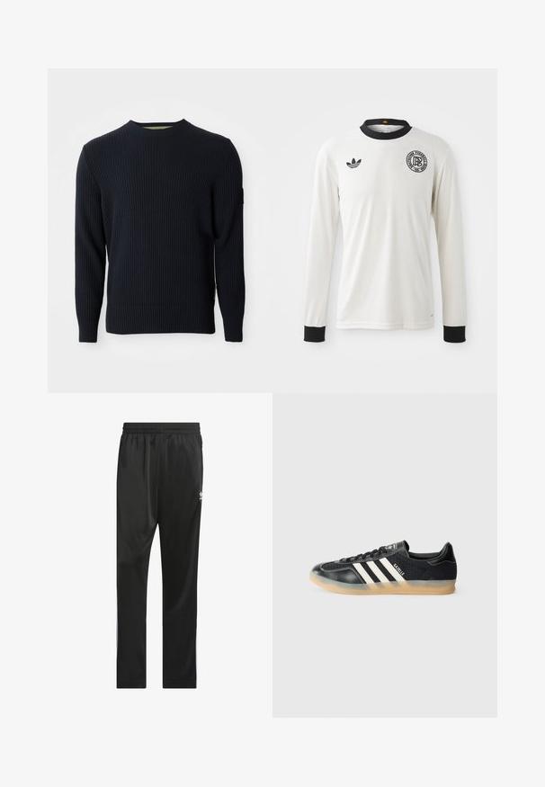 Gebreide marineblauwe trui met een ribbeltextuur, ronde halslijn en lange mouwen. Heeft een klein logo-oppatch op de linker mouw.; Witte lange mouwen voetbaltrui met ribbelstructuur, zwarte kraag en manchetten, met een zwart Adidas-logo en een cirkelvormig grafisch embleem.; Zwarte sportbroeken van glad, lichtgewicht materiaal. Voorzien van een elastische tailleband en witte zijstrepen met een logo op de dij.; Zwarte sportieve sneaker met witte strepen, textielstof, glad leren neus en een gumrubberen zool. Bevat het logo op de tong.