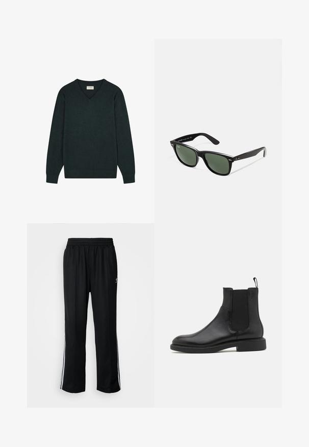 V-hals pullover sweater i mørkegrøn, lavet af blødt strikstof. Har lange ærmer og et subtilt broderet logo på brystet.; Sorte træningsbukser med elastisk talje, der har hvide sidestænger og et lille logo. Materialet ser blødt og let ud.; Sort læder ankelstøvle med glat overflade, elastiske sidepaneler og en trækstrop. Rund tå og flad gummisål med minimal mønster.; Sorte plastiksolkaber med grønne linser, firkantede stel, sølvaccent på brynene og teksturerede templede arme. Angivet mærke på den indre arm.; Sort læder messenger taske med sølvspænder, gule syninger, justerbar rem og en lomme foran. Brandlogo vist på forsiden.