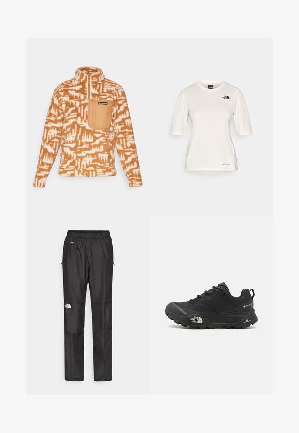 Columbia WEST BEND™ 1/4 ZIP - Pulover iz flisa - camel brown highland tonal; The North Face SHADOW SHORT SLEEVE - Športne majice - white dune; Črne nepremočljive hlače iz lahkega materiala, z elastičnim pasom, stranskimi žepi in logotipom na levi nogi.; Črne pohodne čevlje z teksturirano zgornjim delom, vezalnim zapiranjem in masivnim gumijastim podplatom, ki ima opazen logotip na strani in vzorce profila.