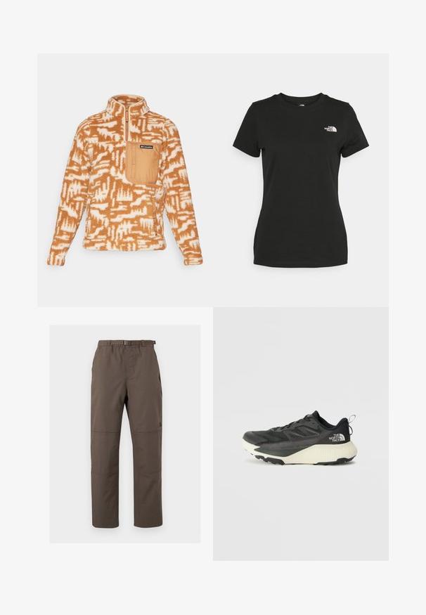 Columbia WEST BEND™ 1/4 ZIP - Suéter de forro polar - camel brown highland tonal; Camiseta de algodón negra con cuello redondo y mangas cortas. Logo blanco notable en el lado superior izquierdo. Textura suave, ajuste casual.; Pantalones exteriores marrones con cinturilla elástica y cinturón ajustable. Presentan costuras en panel y un diseño de pierna recta. Tejido duradero.; Zapatilla deportiva negra con parte superior texturizada, que presenta acentos grises y una entresuela blanca. Incluye una lengüeta y un logotipo de la marca destacado en el talón.