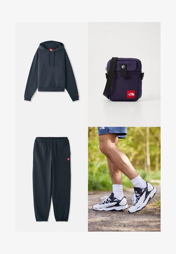 Navy blue hooded sweatshirt made of soft fabric, features a kangaroo pocket, ribbed cuffs, and a logo tag on the front.; Black jogger pants made of smooth fabric, featuring an elastic waistband, ankle cuffs, and a small red logo patch on the side.; Black and white athletic shoes with mesh upper, textured accents, and white laces. Worn with white ankle socks and navy shorts on a path.; Purple nylon shoulder bag with a front flap, snap button closure, adjustable black strap, and a red logo patch on the front.