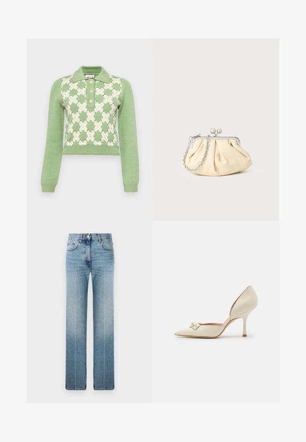 Knit pullover in light green with white diamond pattern and orange accents. Features a collared neckline and three button placket.; Light blue straight-leg jeans made of denim, featuring subtle fading, classic five-pocket design, and a metal button closure at the waist.; Beige leather high-heeled pump with pointed toe, decorative bow detail, and a slender heel. Smooth texture with a glossy finish.; Pleated beige leather clutch with a silver metal frame, featuring two round decorative clasps and a silver chain strap.