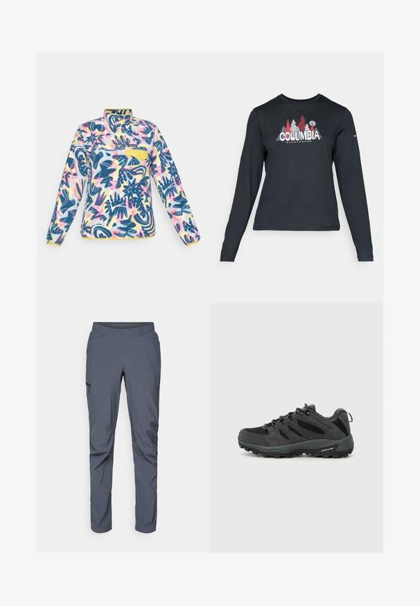 Pullover in pile con un motivo floreale multicolore, con dettagli blu, gialli e rosa; presenta una zip a quarti e una tasca sul petto con bottone.; Maglietta a maniche lunghe grigia scura con una grafica di alberi rossi e montagne; logo "COLUMBIA" in caratteri bianchi in grassetto. Tessuto morbido, scollatura a girocollo standard.; Pantaloni da performance grigi con cintura elasticizzata, due tasche frontali e una tasca laterale con zip. Texture liscia e vestibilità affusolata.; Columbia REDMOND - Scarpa da hiking - black/citron haze