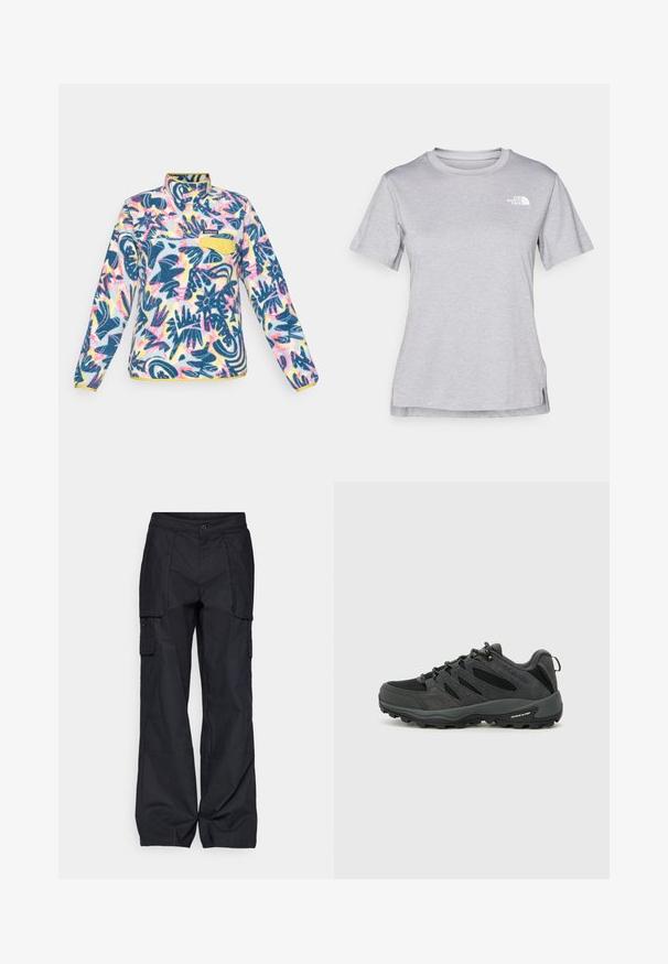 Fleece pullover met een multicolore bloemenpatroon, blauwe, gele en roze accenten; voorzien van een kwart rits en een borstzak met knoop.; Grijze T-shirt met korte mouwen, gemaakt van zachte, vochtabsorberende stof. Heeft een ronde hals en een klein wit logo op de bovenste linkerzijde.; Columbia BREA FALLS™ COTTON RIPSTOP PANT - Outdoorbroeken - black; Columbia REDMOND - Outdoorschoenen - black/citron haze