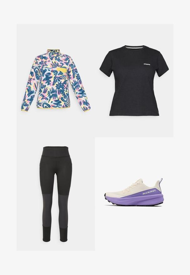 Fleece pullover med et multicolor blomsterdesign, blå, gul og pink detaljer; har en kvart lynlås og en brystlomme med knap.; Sort bomulds T-shirt med rund hals og korte ærmer. Har et hvidt "Patagonia" logo på venstre bryst.; Sorte atletiske leggings med høj talje, der har et struktureret design, kontrasterende grå paneler, sidelommer og tætsiddende cuffs.; Beige trail løbesko med en lilla mellemsål, tekstureret overdel og robust sort ydersål. Har snørebånd og en bageste løftestrop for nem påtagning.