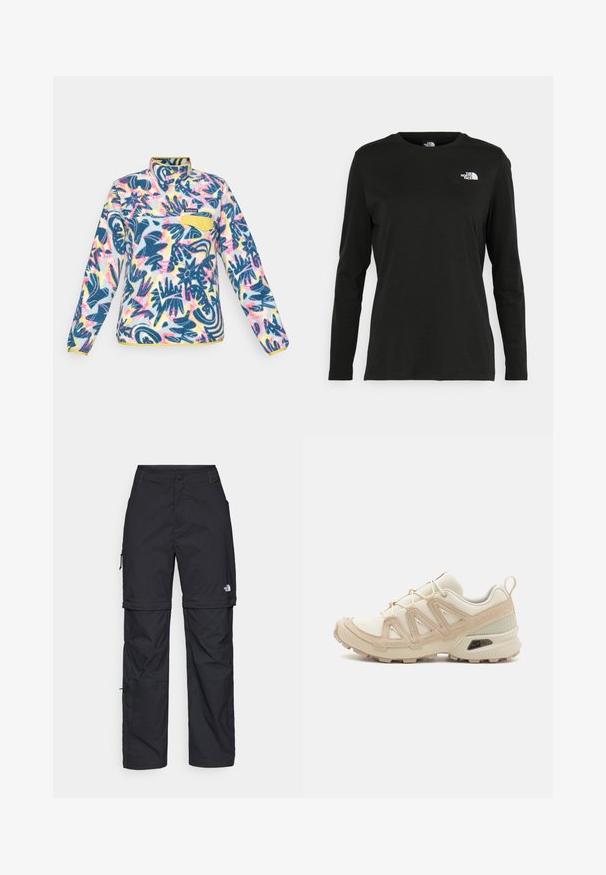 Sudadera de forro polar con un patrón floral multicolor, detalles en azul, amarillo y rosa; cuenta con una cremallera de un cuarto y un bolsillo en el pecho con botón.; Camiseta de manga larga negra de algodón con cuello redondo. Presenta un pequeño logotipo blanco en la parte izquierda del pecho. Diseño y ajuste simples.; Pantalones cargo de nailon negro con cremallera desmontable, puños ajustables, múltiples bolsillos y un logotipo en la pierna derecha. Textura suave y ligera.; Zapatilla deportiva beige y crema con parte superior de malla texturizada, superposiciones de soporte y suela de goma con un patrón de tracción.
