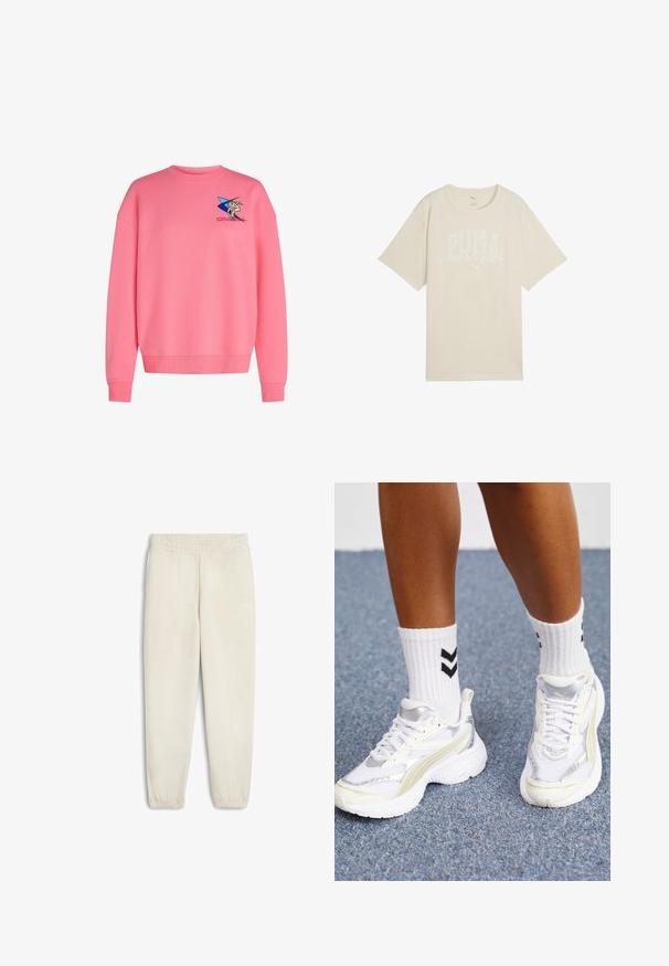 Roze sweatshirt gemaakt van een zachte katoenmix, met een ronde halslijn, verlaagde schouders, ribgebreide manchetten en een geborduurd grafisch ontwerp op de borst.; Beige katoenen t-shirt met een ontspannen pasvorm, voorzien van een witte grafische print met de tekst "PUMA sports club" en een klein logo erboven.; Lichtbeige sweatpants van zachte stof, met een elastische tailleband, cuffed enkels en een klein wit logo aan de zijkant.; Witte sneakers met zilveren accenten, gemaakt van mesh-materiaal en met een chunky ontwerp. Gecombineerd met witte sokken met zwarte chevronpatronen.