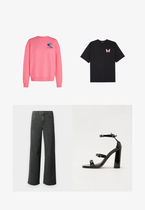 Sudadera rosa hecha de una suave mezcla de algodón, con cuello redondo, mangas caídas, puños acanalados y un gráfico bordado en el pecho.; Camiseta de algodón negra de manga corta, con un pequeño gráfico de mariposa rosa en el lado izquierdo del pecho. Diseño de cuello redondo con un corte relajado.; Jeans de pierna ancha en denim gris oscuro, con una sutil textura de patrón de cebra, costuras en contraste y un diseño de cinco bolsillos con cierre de botón.; Sandalias de tacón de charol negro con punta cuadrada, correas en el tobillo y hebillas plateadas. Presentan un tacón grueso para mayor estabilidad.