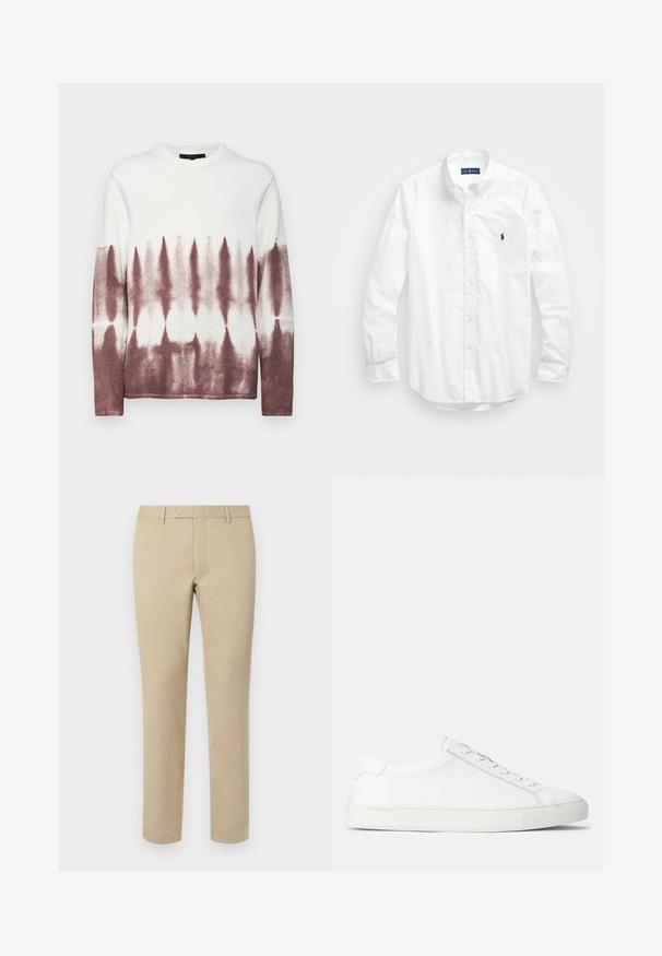 Fleece crew neck sweater featuring a tie-dye pattern with white at the top transitioning to a burgundy shade at the bottom. Soft texture.; White long-sleeve button-up shirt in cotton. Features a classic collar, button cuffs, and a small navy embroidered logo on the chest.; Beige cotton trousers with a straight cut, featuring belt loops, a flat front, and tailored hems. Smooth texture and minimal detailing.; White leather sneakers with a smooth texture, rounded shape, flat rubber sole, and white laces. Features minimalistic design and subtle branding.