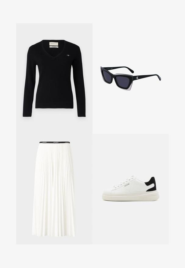 Černý svetr s výstřihem do V vyrobený z měkké pleteniny. Má dlouhé rukávy, žebrované manžety a malou vyšitou značku na hrudi.; Záhybová bílá sukně s černým elastickým pasem s logem "LACOSTE". Suška je střední délky a má jemnou texturu.; Bílé kožené tenisky s tlustou bílou podrážkou, černým semišovým akcentem na patě a vyraženým logem na boku. Šněrovací design se šesti očka.; Černé oversized sluneční brýle geometrického tvaru, s tmavými skly a kontrastním šedým detailem na rámu. Logo na rameni.