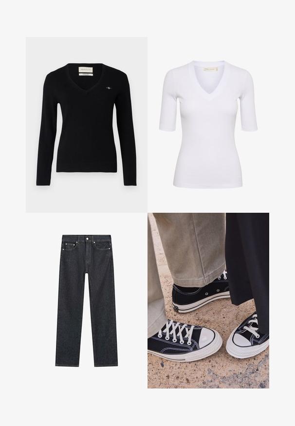 Schwarzer V-Ausschnitt-Pullover aus weichem Strickstoff. Mit langen Ärmeln, gerippten Bündchen und einem kleinen gestickten Logo auf der Brust.; Weißes, geripptes Kurzarm-Oberteil mit V-Ausschnitt. Der Stoff ist glatt und hat eine figurnahe Passform, mit minimalem Branding am Saum.; Dunkelblaue geradlinige Jeans mit fünf Taschen, Metallnieten und einem Knopfverschluss am Bund.; Schwarze Segeltuch-Sneaker mit weißen Gummi-Zehenkappen und Schnürsenkeln. Kontrastnähte und Metallösen geben dem Schuh Detail. Getragen mit beigen Hosen und einem schwarzen Stoff.