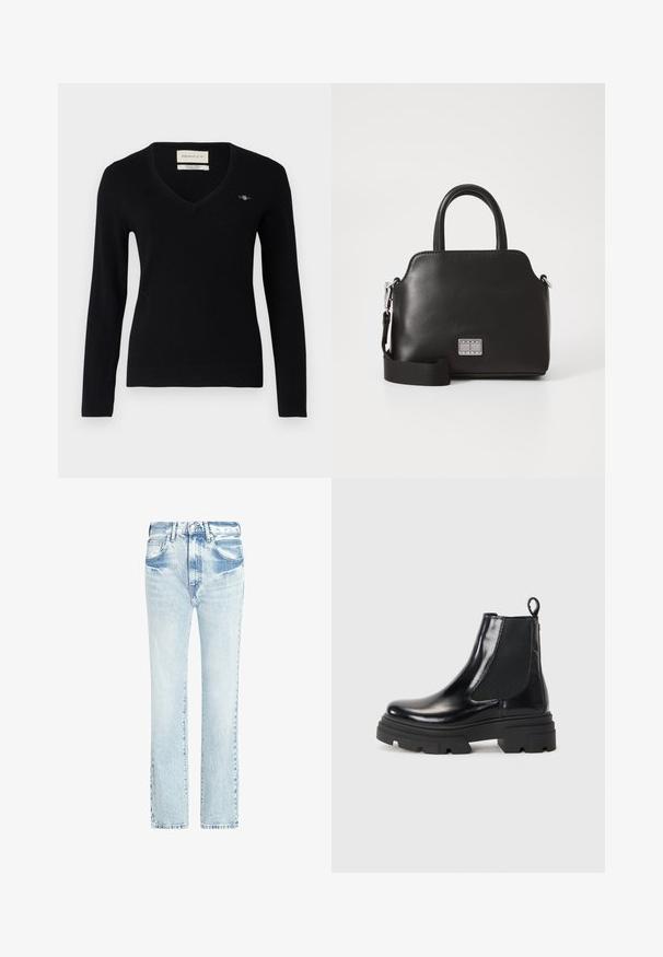 Černý svetr s výstřihem do V vyrobený z měkké pleteniny. Má dlouhé rukávy, žebrované manžety a malou vyšitou značku na hrudi.; Světlé modré džíny s rovnými nohavicemi, pěti kapsami a ošoupanou strukturou. Obsahují viditelné švy a klasické zapínání na knoflík.; Černé kožené kotníkové boty s elegantním designem, elastickými bočními panely a robustní černou podrážkou. Obsahují poutko na zadní straně pro snadné obouvání.; Černá syntetická kabelka s horními uchy, odnímatelným ramenním popruhem, zaobleným tvarem, hladkým povrchem a stříbrným logem na přední straně.
