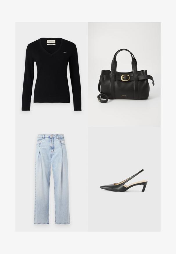 Black v-neck sweater made of soft knit fabric. Features long sleeves, ribbed cuffs, and a small embroidered logo on the chest.; Light blue denim jeans with a high waist, wide-leg cut, two side pockets, and pleated design feature. Soft texture with a faded finish.; Black pointy-toed slingback shoe with a low heel, featuring smooth leather material and cut-out design on the side for breathability.; Black leather handbag featuring a structured design, dual top handles, gold-tone buckle accent, and embossed brand logo at the front.