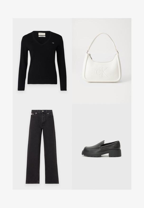 Black v-neck sweater made of soft knit fabric. Features long sleeves, ribbed cuffs, and a small embroidered logo on the chest.; Black wide-leg jeans made of denim, featuring a high-rise waist, five-pocket styling, and a metal button closure with contrasting stitching.; Black leather loafers with a rounded toe, thick textured sole, and minimal stitching details. Sleek design with no visible laces or hardware.; White leather handbag with a curved shape, featuring an embossed "CK" logo on the front and a single shoulder strap. Zipper closure at top.