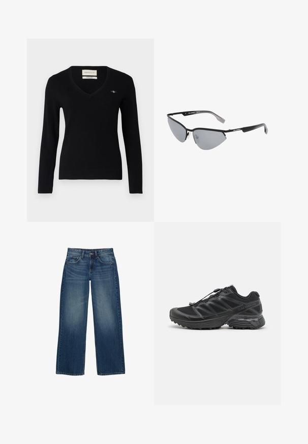 Pulover negru cu decolteu în V, realizat dintr-o țesătură moale. Dispune de mâneci lungi, manșete cu nervuri și un mic logo brodat pe piept.; Jeans din denim albastru cu picioare largi, având un finisaj decolorat, design cu cinci buzunare și cusături contrastante. Se închid cu un nasture și fermoar.; Pantofii de alergare negri cu partea superioară din plasă și materiale sintetice, talpă flexibilă și șireturi elastice. Au un intermediar căptușit pentru confort.; Ochelari de soare negri cu un design unghiular, tip cat-eye. Lentile argintii oglindite. Rame subțiri, ușoare din plastic, cu o marcă subtilă pe tâmple.