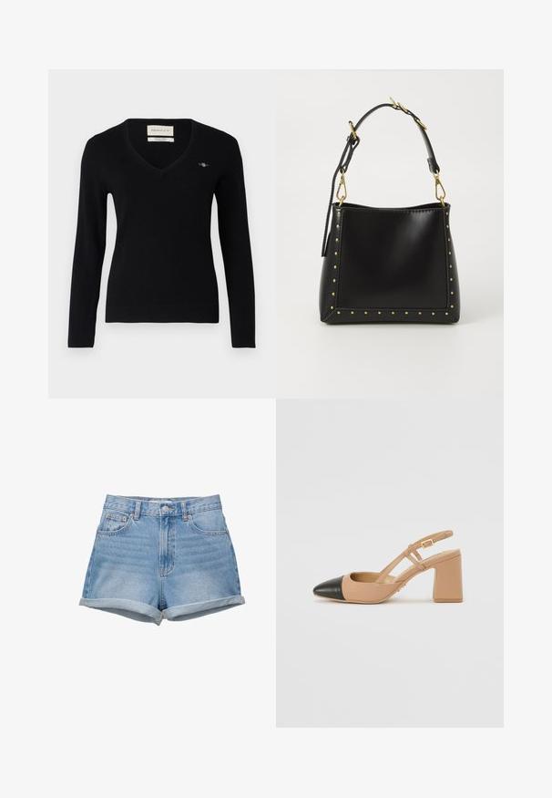 Schwarzer V-Ausschnitt-Pullover aus weichem Strickstoff. Mit langen Ärmeln, gerippten Bündchen und einem kleinen gestickten Logo auf der Brust.; Jeans Shorts in hellem Blauton, hochgeschlossen mit Knopfverschluss, fünf Taschen und umgeschlagenen Säumen. Glatte Textur, klassisches Design.; Beige Slingback-Schuh mit schwarzer Kappe, quadratischem Absatz und zwei Riemenakzenten, aus glattem Material gefertigt.; Schwarze Lederhandtasche mit strukturiertem Design, verziert mit goldenen Nieten entlang der Kanten und einem abnehmbaren Tragegurt mit goldenen Hardware-Akzenten.