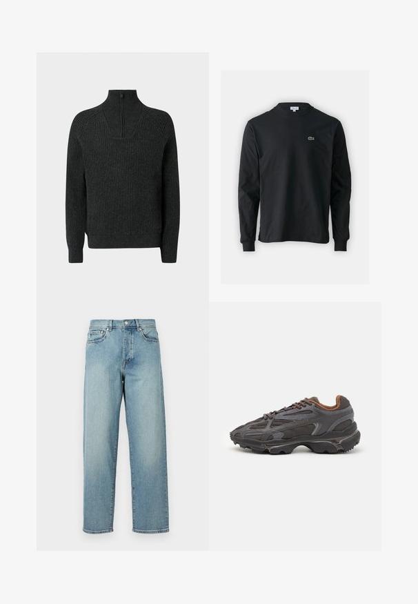 Dark gray ribbed knit sweater with a half-zip collar, raglan sleeves, and fitted hem. Features textured fabric with a snug fit.; Black long-sleeve t-shirt made of cotton, featuring a round neckline and a small green embroidered crocodile logo on the left chest.; Light blue denim jeans with a loose fit, straight legs, five-pocket design, and a button closure at the waist. Minimalistic stitching detail.; Lacoste sneakers in dark gray with mesh and synthetic material, featuring a textured sole and brown accents on the collar and branding.