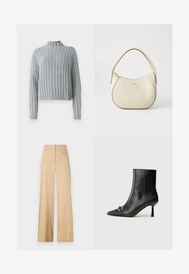 Ljusgrå grovstickad tröja med ribbat mönster, hög krage, långa ärmar och en något kortare passform.; Beiga vida byxor i bomullsmix. Har en slät yta, elastisk midja och en sidoknappdetalj.; Svart läderankelboot med spetsig tå, smal medelhög klack och silverfärgad spänndetalj på sidan mot en enfärgad bakgrund.; Krämfärgad handväska med texturerad yta, böjd form, kort handtag och detalj i guldton. Dragkedjestängning upptill.