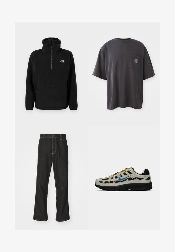 Fekete polár pulóver magas gallérral, fél cipzárral elöl, oldalsó zsebekkel, és fehér "The North Face" logóval a bal mellen.; Fekete pamut póló rövid ujjakkal, kerek nyakkivágással, és bal oldalon egy zsebével, amelyen négyzet alakú logó címke található. Egyszerű és díszítés nélküli dizájn.; Fekete farmernadrág laza szabással, kontrasztos fehér varrással, gombos záródással és egyenes lábmegoldással.; Beige és fekete Nike P-6000 sportcipő kék pipa logóval, sárga fűzővel, fekete talppal és Cordura szövet címkével a saroknál.