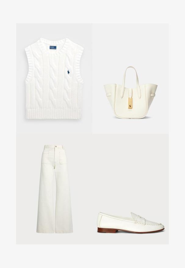 Bela brezrokavnik s kabelskim pletenjem in rebrastim robom ter okroglo ovratnikom. Ima majhen mornarsko moder logo na zgornji levi strani.; Široke jeans hlače v off-white denim tkanini. Visok pas z gumbnim zapiranjem, dvema sprednjima žepoma in detajli kontrastnega šivanja.; Bele usnjene loafers s teksturirano površino, zaobljenim prstom in tkanim poudarjanjem. Nizek leseni petelin in minimalističen dizajn.; Bela usnjena torba z obliko, ki ohranja strukturo, izrazitim šivom, zlatim kovinskim dodatkom in dvema ročkama. Teksturna površina s stranskimi žepi.