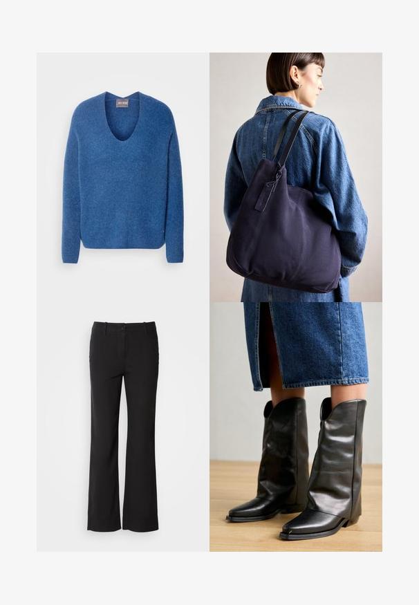 Mos Mosh THORA V-NECK - Strickpullover - set sail; Schwarze Baumwollmischungshose mit geradem Bein, vorderem Knopfverschluss und zwei Seitentaschen. Glatte Textur, keine sichtbaren Muster.; Pavement CALLISTA - Cowboy-/Bikerboot - black; Marinefarbene Leinenschultertasche mit weicher, strukturierter Form, ausgestattet mit einem schwarzen Riemen, genähten Details und einem kleinen Markenschild.