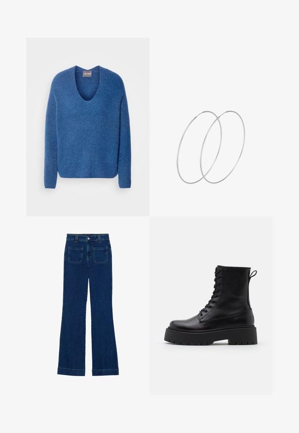 Mos Mosh THORA V-NECK - Strickpullover - set sail; Dunkelblaue Denim-Jeans im Schlagstil mit glatter Textur, Fünf-Taschen-Design und einem Knopfverschluss an der Taille.; Schwarze Lederstiefeletten mit runder Zehenpartie, Schnürung vorne und einer dicken Gummisohle mit strukturiertem Profil. Mit Zugschlaufe an der Rückseite.; Silberne Creolen mit minimalistischem Design. Rundform, glatte Oberfläche und dünnes Profil. Leichtgewichtig mit hochglänzender Oberfläche.