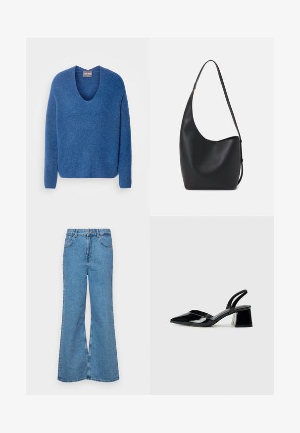 Mos Mosh THORA V-NECK - Džemperis - set sail; Šviesiai mėlynos flared džinsai, pagaminti iš džinsinio audinio, su aukštu liemeniu, penkiomis kišenėmis ir vienu mygtuko užsegimu. Minkštas paviršius su išblukusiu efektu.; Juodos lakuotos odinės šlepetės su smailiu pirštu ir geometriniu bloko kulnu. Turi elegantišką, minimalistinį dizainą ir lygų paviršių.; Juodas odinis hobo maišas su lygiu paviršiumi, kreipta forma ir viena reguliuojama rankena; turi platų atidarymą viršuje.