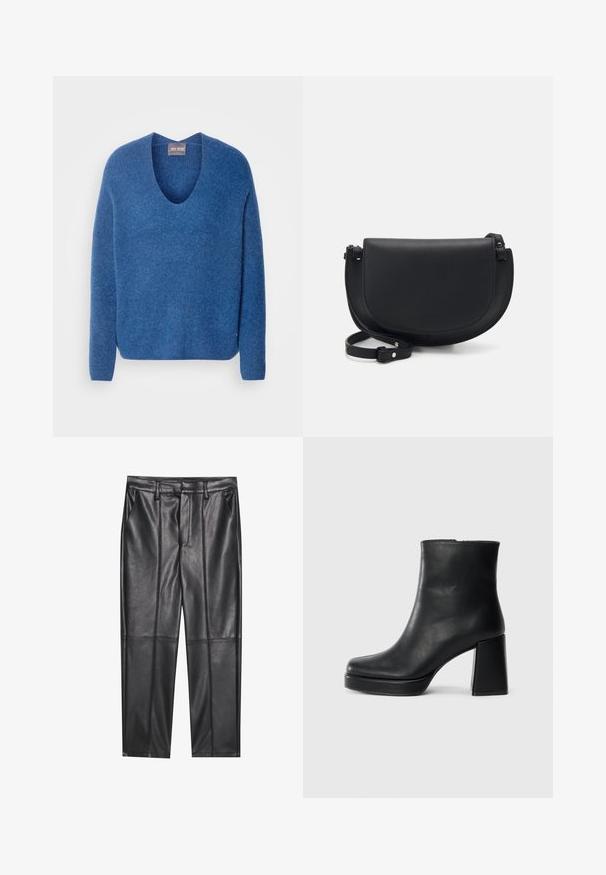 Mos Mosh THORA V-NECK - Pulover - set sail; Pantaloni din piele neagră cu o textură netedă, având o croială dreaptă, două buzunare frontale și detalii vizibile ale cusăturilor.; Botină din piele neagră, cu toc pătrat și talpă platformă, văzută din lateral pe un fundal alb simplu.; Geantă din piele neagră tip crossbody, cu o formă curbă, închidere cu clapetă magnetică, curea ajustabilă și detaliu cu logo gravat pe față.
