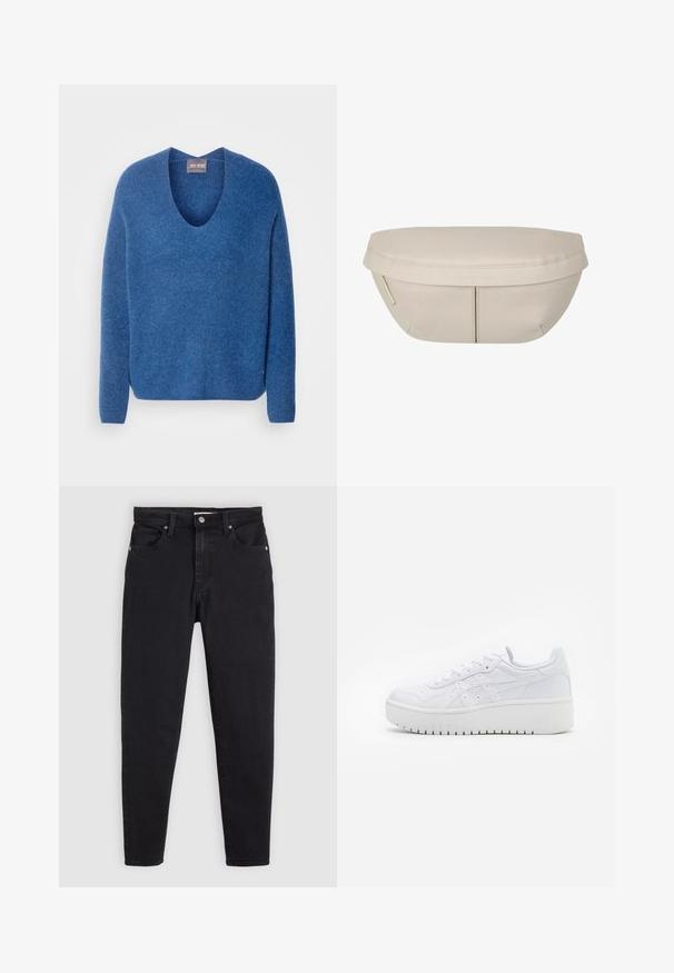 Mos Mosh THORA błękit królewski; Czarne dżinsy z dopasowanym krojem, pięcioma kieszeniami i srebrnymi detalami. Posiadają zapięcie na guzik i gładką fakturę.; Białe sneakersy na platformie o gładkiej skórzanej fakturze, z perforowanymi detalami i płaskimi sznurowadłami; mają grube białe gumowe podeszwy.; Beżowa torba o zaokrąglonym kształcie, z płaskim wierzchem i subtelnymi szwami. Zawiera minimalistyczne logo oraz boczny pasek.