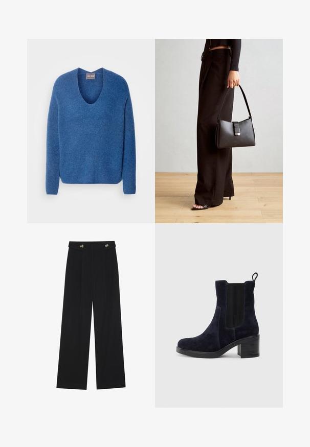 Mos Mosh THORA V-NECK - Strickpullover - set sail; Schwarze weite Hosen mit hoher Taille, Knopfdetails am Bund und vorderen Falten.; Schnürstiefelette aus dunkelblauem Wildleder mit elastischem Seitenpanel, runder Spitze und Blockabsatz. Das strukturierte Material und die glatte Sohle sorgen für Kontrast.; Schwarze Handtasche mit strukturierter Form, glatter Textur und einem metallischen Verschluss. Kombiniert mit weiten schwarzen Hosen und offenen Sandalen auf einem Holzboden.