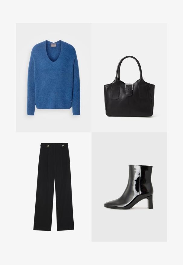 Mos Mosh THORA V-NECK - Jumper - set sail; Black wide-leg trousers with high waist, button details on waistband, and front pleats.; Black patent leather ankle boot with a pointed toe and a mid-height block heel. Smooth texture and minimalist design.; Black leather tote bag with smooth texture, structured shape, two handles, and a prominent silver buckle detail on the front.
