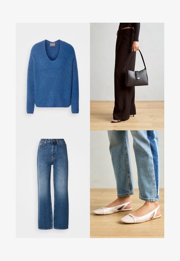 Mos Mosh THORA V-NECK - Pulóver - set sail; Magas derekú, bő szárú kék farmernadrág, átmenetes mosással, réz varrással, elülső gombos záródással és öt zsebével.; Világos rózsaszín slingback laposlábú cipők, hegyes orral, sima bőrhatású anyagból készült. Oldalt kivágott részletek találhatók rajta, valamint lapos sarkú.; Fekete kézi táska strukturált formával, sima textúrával és fémből készült záródással. Széles fekete nadrággal és nyitott orrú szandállal párosítva, fából készült padlón.