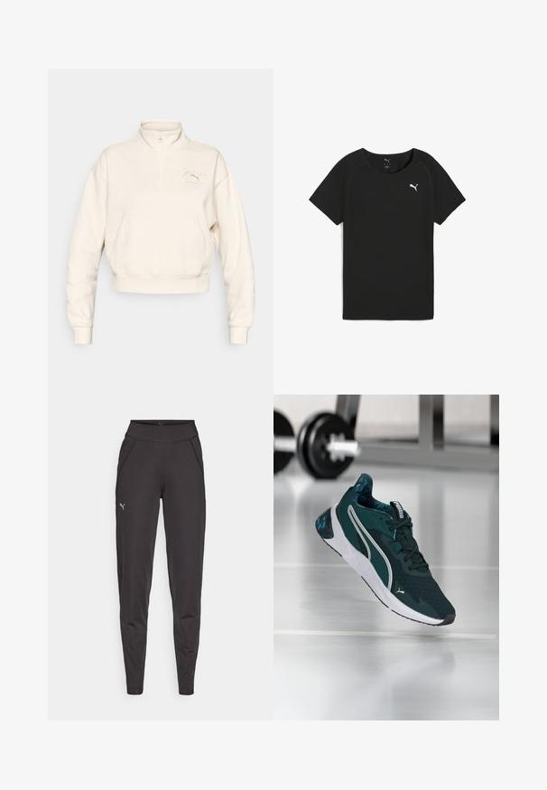 Felpa bianca tagliata con mezza cerniera, tasca frontale e logo in rilievo. Realizzata in tessuto morbido con polsini a costine.; T-shirt nera a maniche corte realizzata in tessuto leggero, con scollo rotondo e logo Puma bianco sul petto.; Leggings sportivi neri in tessuto elasticizzato, con vita alta, tasche laterali e un piccolo logo riflettente sulla coscia sinistra.; Scarpa da ginnastica Puma verde scuro e bianca con ammortizzazione decorata, mostrata a mezz'aria su un pavimento da palestra vicino a un supporto per bilanciere.