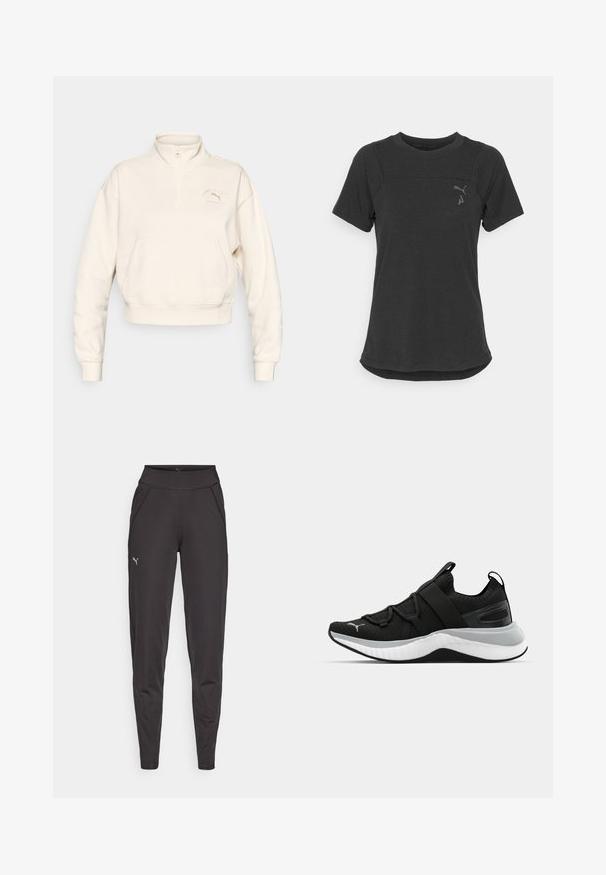 Lühendatud valge sviiter, millel on pool luku tõmblukk, esikott ja reljeefne logo. Valmistatud pehmest kangast, millel on soonikkoes mansetid.; Must t-särk lüheste varrukatega mustast pehmest ja hingavast kangast. Omab ümardatud ääret ja diskreetset logo vasakul ülalt rinnal.; Mustad mustriga mustad leggingud, mis on valmistatud venivast kangast. Neil on kõrge vöökoht, küljetaskud ja väike peegelduv logo vasakul reitel.; Must have tekstuuriga ülemise osaga mustad spordijalatsid, elastsete rihmade ja paksu valge vaheosaga. Omab halli aktsenti talla ääres.