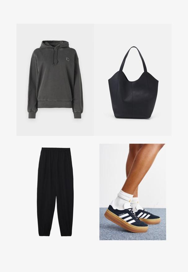 Carhartt WIP HOODED NELSON - Collegepaita - graphite; Mustat, kevyet housut, joissa on joustava vyötärö ja kerätyt nilkat. Kangas on sileä ja siinä on rento, kapeneva muotoilu.; Musta mokkanahkainen tennari, jossa valkoiset raidat ja yksityiskohdat, pyöreä kärki, purukumipohja, yhdistetty valkoisiin ribbineuleisiin nilkkasukkiin.; Mustat kangaskassit, jotka on valmistettu sileästä nahasta, jossa on kaareva, avoin yläosa, kaksi olkahihnaa ja minimalistinen muotoilu.