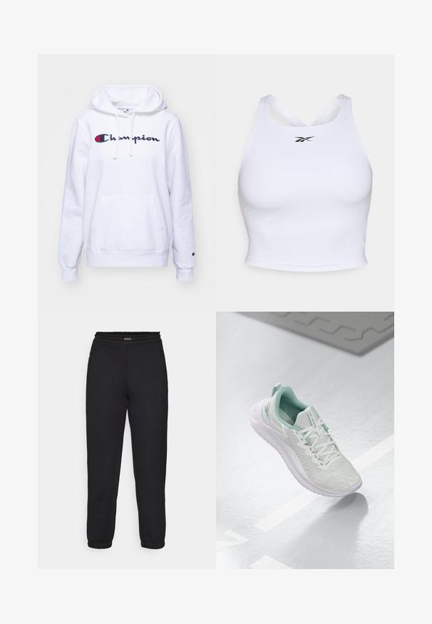 Champion ICONS CONTRAST LARGE LOGO - Felpa - white; Top corto atletico bianco realizzato in un tessuto liscio e elasticizzato. Presenta un design con incrocio sulla schiena e un piccolo logo nero sul davanti.; Champion C-TECH CUFFED PANTS INTERLOCK - Pantaloni sportivi - black; Scarpa sportiva grigio chiaro con tomaia in maglia testurizzata, dettagli verde menta, lacci bianchi, suola in gomma e linguetta sul tallone.