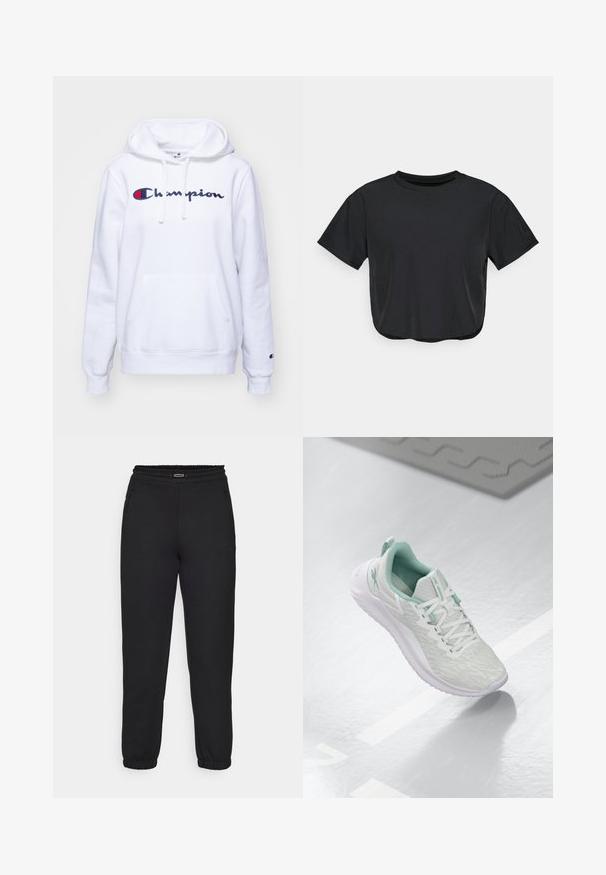 Champion ICONS CONTRAST LARGE LOGO - Sweatshirt - white; Black cropped t-shirt made of soft material, featuring a round neckline, short sleeves, and a relaxed fit. Subtle stitching details.; Champion C-TECH CUFFED PANTS INTERLOCK - Tracksuit bottoms - black; Light gray athletic shoe with a textured knit upper, mint green accents, white laces, rubber sole, and pull tab at the heel.